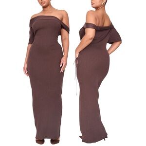 🆕PLT PLUS CHOCOLATE RIB KNIT ASYMMETRIC NECK RUCHED SIDE MAXI DRESS